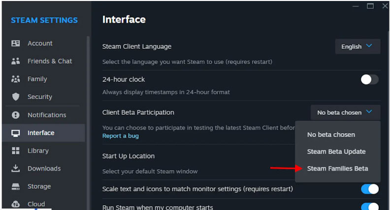 Chọn Steam Families Beta