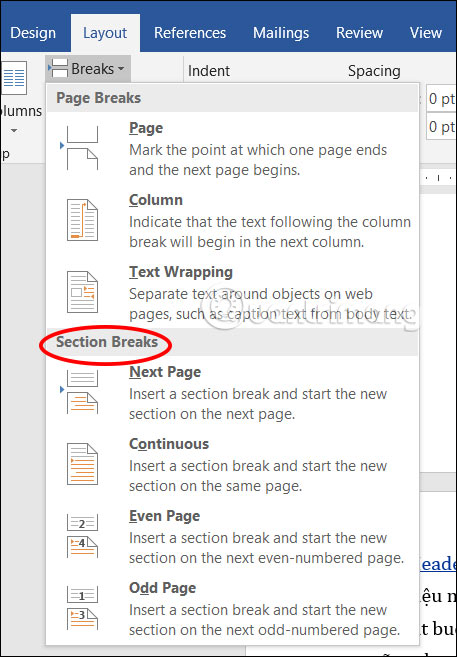 Chọn ngắt trang trên Word 