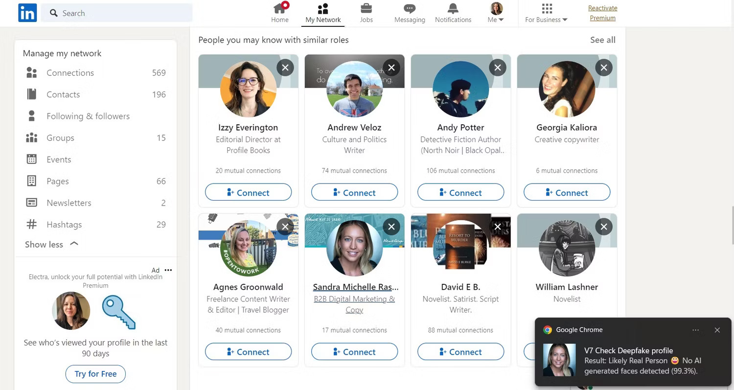 V7 Fake Profile Detector đang kiểm tra hồ sơ LinkedIn để tìm Deepfake