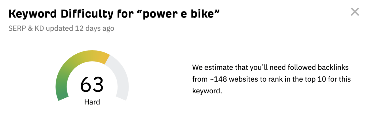 Điểm Keyword Difficulity (KD) của Ahrefs cho "power e bike" cao