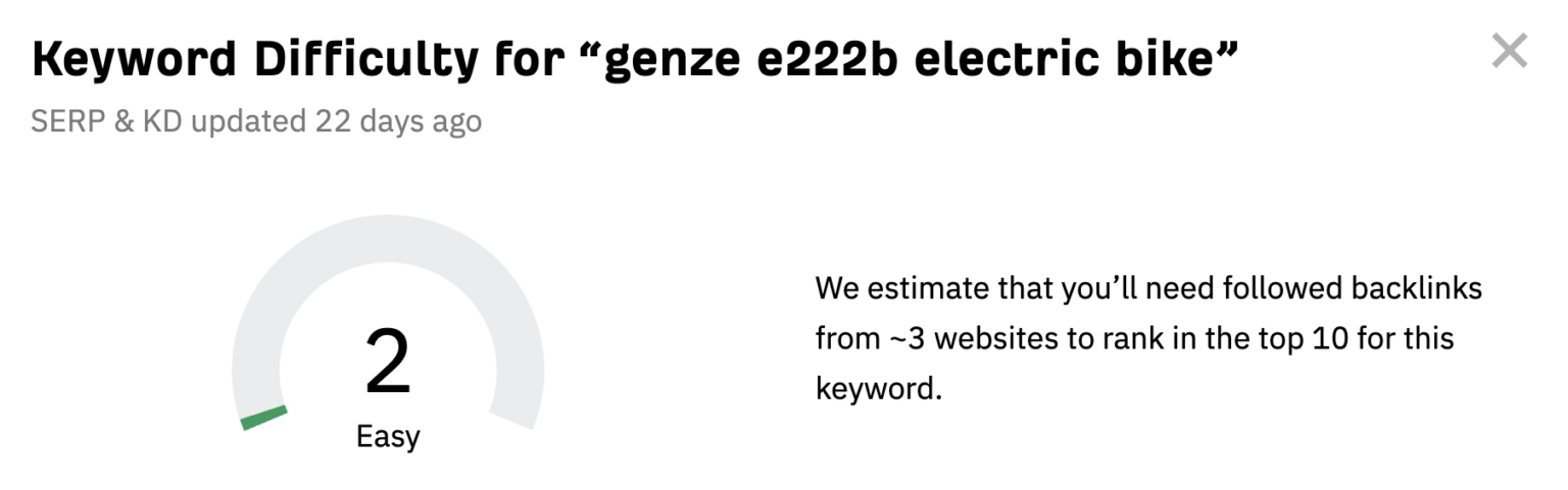 Điểm Keyword Difficulity (KD) của Ahrefs cho "genze e222b electric bike" thấp