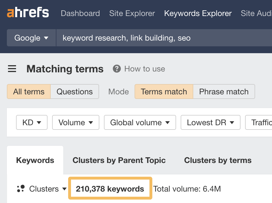 Số ý tưởng từ khóa từ seed keyword SEO trong keywords Explorer của Ahrefs = 210K