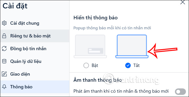Tắt thông báo tin nhắn Zalo máy tính 