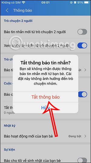 Đồng ý tắt tin nhắn Zalo từ bạn bè
