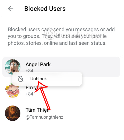 Bỏ chặn trên Telegram máy tính 