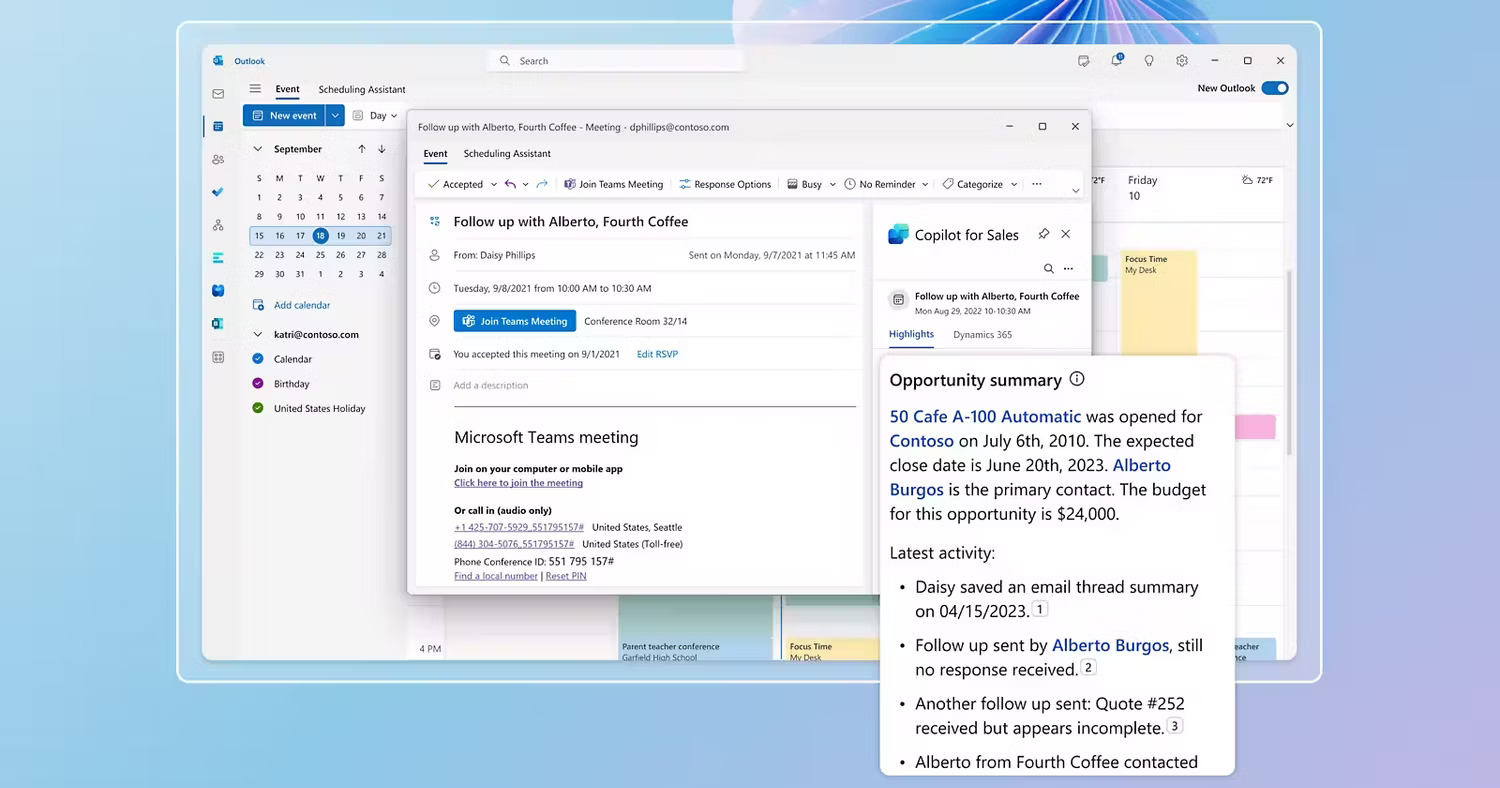 Copilot của Microsoft dành cho hoạt động bán hàng hoạt động trong Outlook
