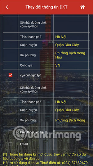 Chọn thông tin cá nhân 