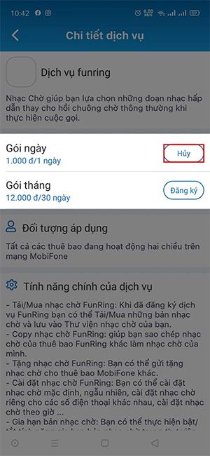 Hủy nhạc chờ Mobi trên My MobiFone 