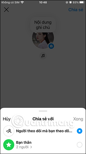 Chọn đối tượng chia sẻ Instagram Note mới