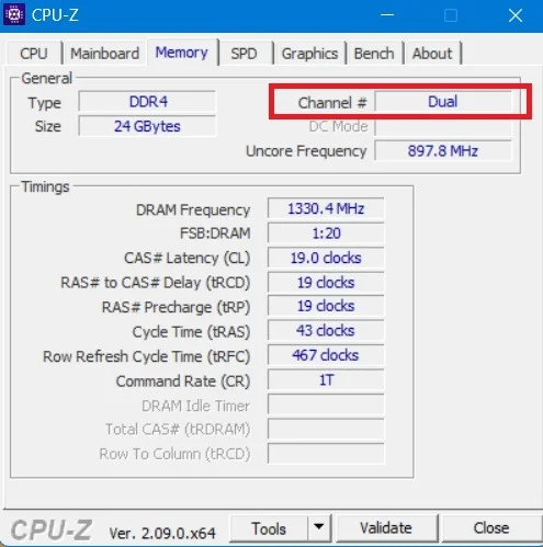 Xác định trạng thái Dual Channel bằng công cụ CPU-Z.