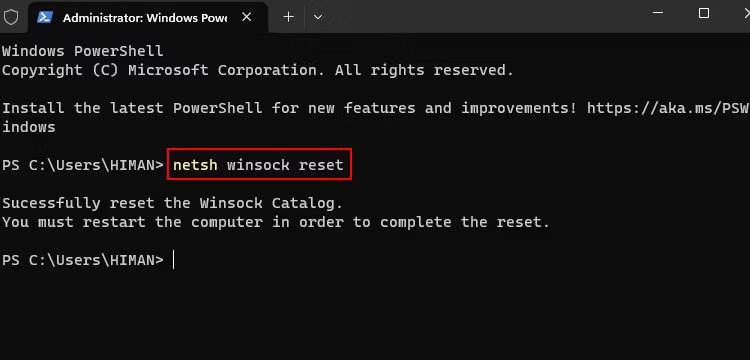 Reset Winsock Catalog trong Command Prompt của Windows.