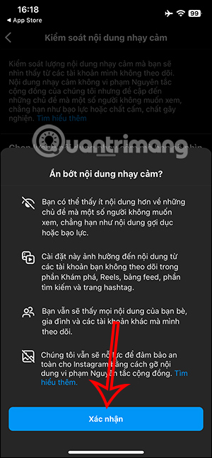 Xác nhận ẩn nội dung nhạy cảm Instagram