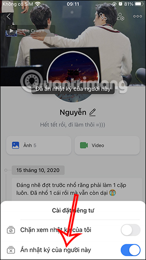 Ẩn nhật ký của người này trên Zalo