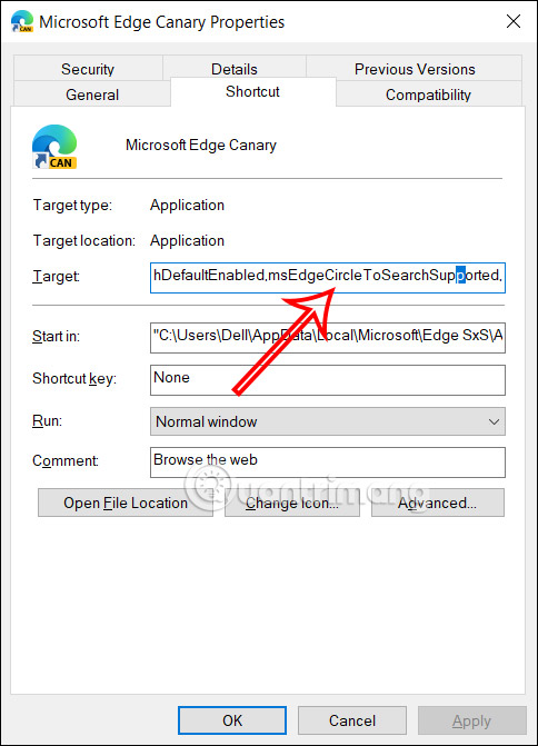 Thêm đường dẫn Microsoft Edge Canary 