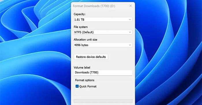 Hộp thoại đặt lại ổ đĩa
