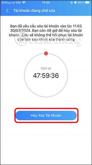 Hủy xóa tài khoản Zalo