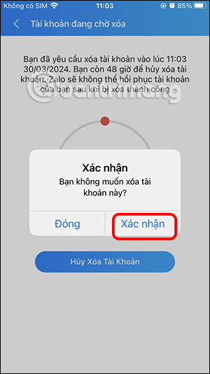 Xác nhận hủy xóa tài khoản Zalo