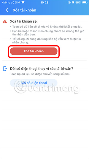 Thực hiện xóa tài khoản Zalo