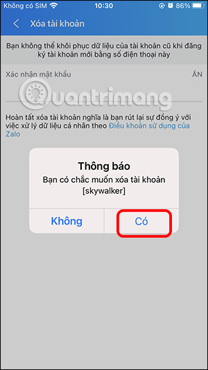 Đồng ý xóa tài khoản Zalo