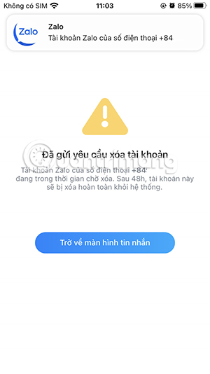 Gửi yêu cầu xóa tài khoản Zalo
