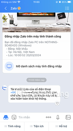 Thông báo tài khoản Zalo