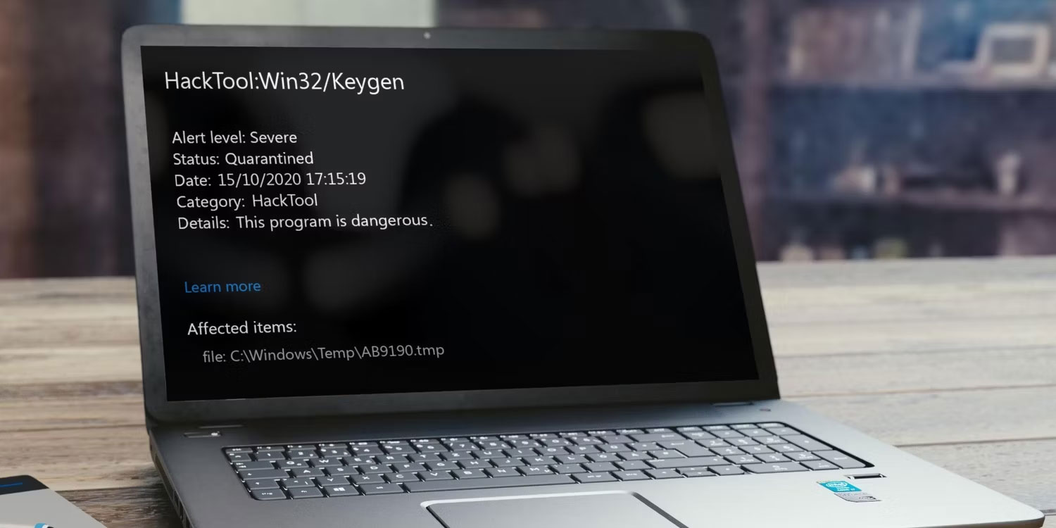 Laptop hiển thị phần mềm độc hại HackTool:Win32/Keygen trong lịch sử bảo vệ của Windows Defender