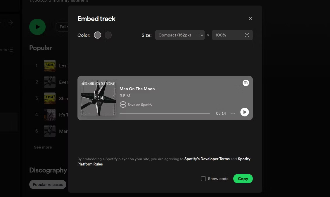 Sao chép phần nhúng cho bản nhạc được lưu trữ trên Spotify
