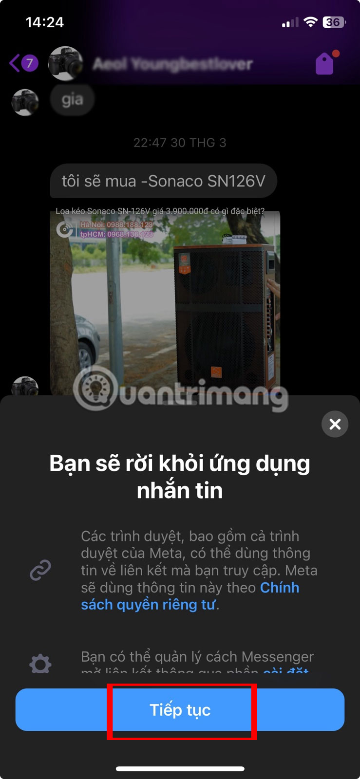 Nhấn vào nút Tiếp tục để mở liên kết