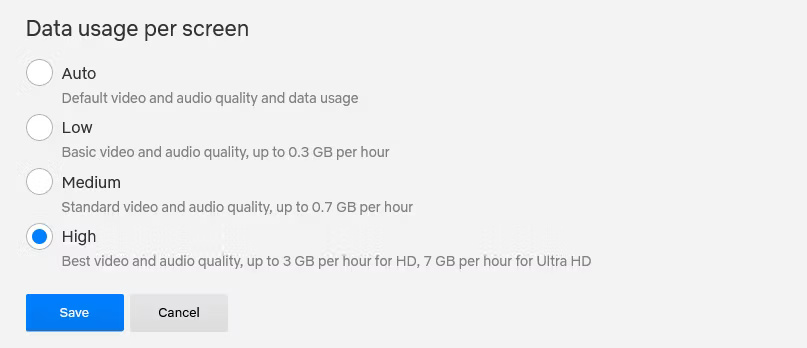 Mức sử dụng dữ liệu Netflix trên mỗi màn hình.