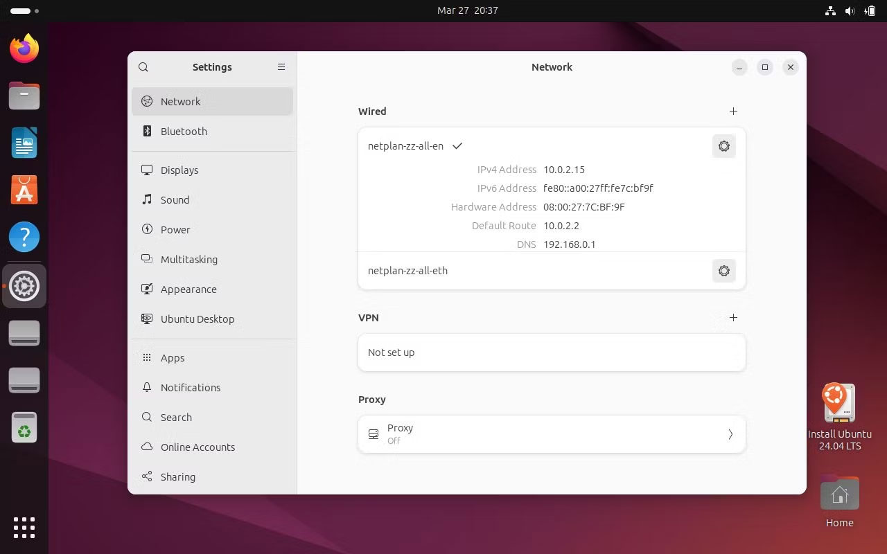 Menu Settings Ubuntu 24.04
