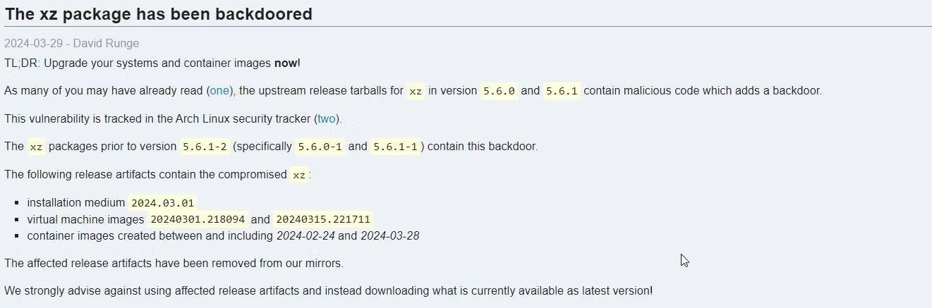 Trang web Arch Linux thông báo về backdoor XZ XUtils