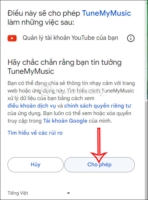 TuneMyMusic truy cập YouTube