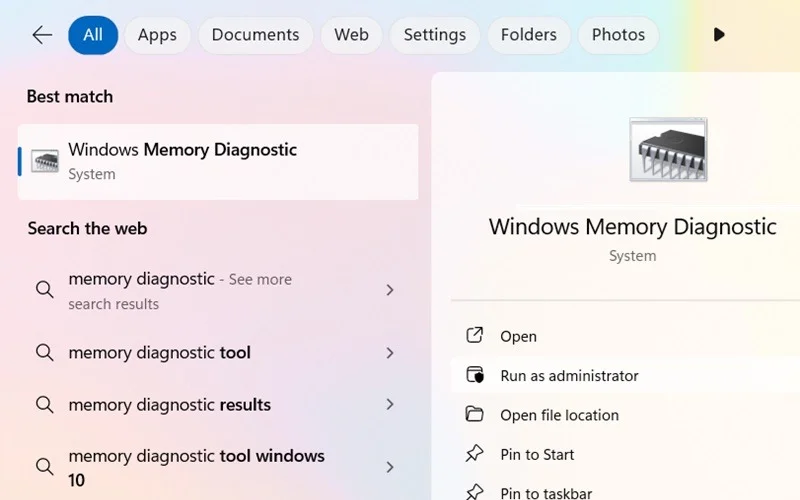 Mở Windows Memory Diagnostic từ menu tìm kiếm.