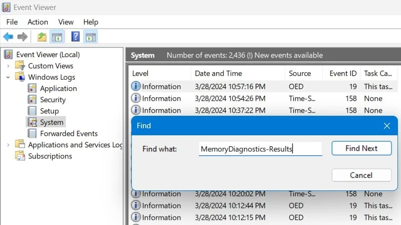 Chẩn đoán bộ nhớ Windows được thấy trong Event Viewer bằng cách sử dụng "MemoryDiagnostics-Results" trong tùy chọn Find.