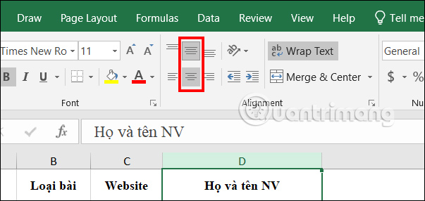 Căn chỉnh theo chiều ngang trong Excel