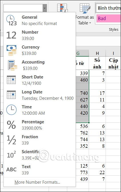 Định dạng nội dung trong Excel 