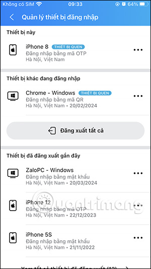 Lịch sử đăng nhập Zalo