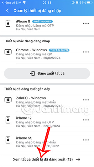 Xem tất cả lịch sử đăng nhập Zalo