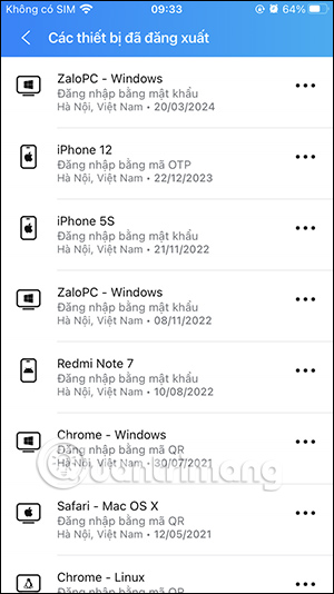 Danh sách đăng nhập Zalo