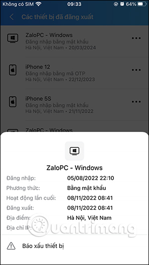 Thông tin đăng nhập Zalo