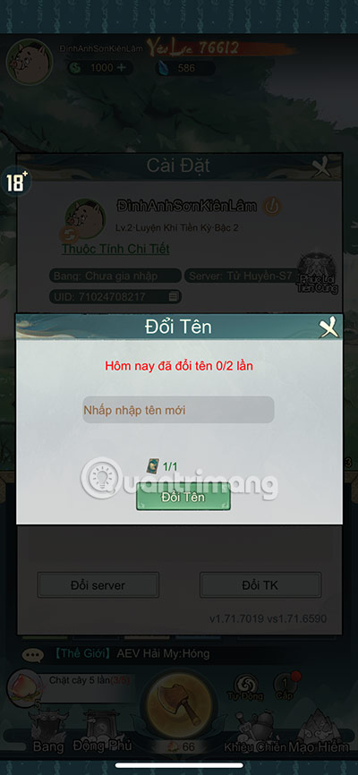 cách đổi tên nv tiểu yêu tầm đạo