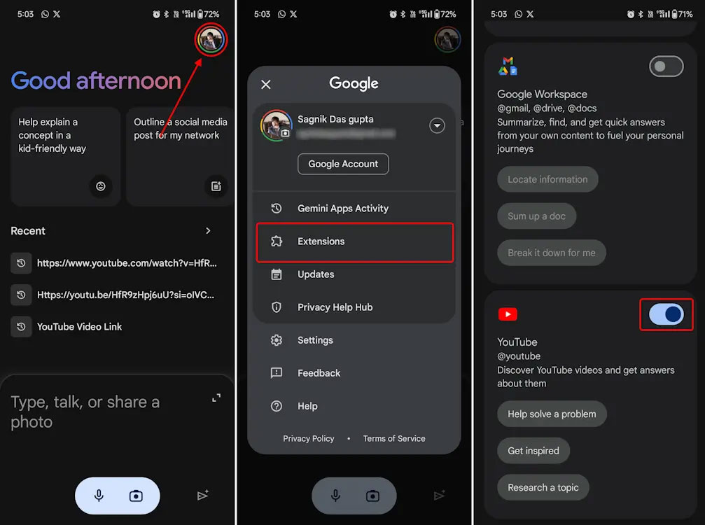 Kích hoạt tiện ích YouTube trên điện thoại Gemini