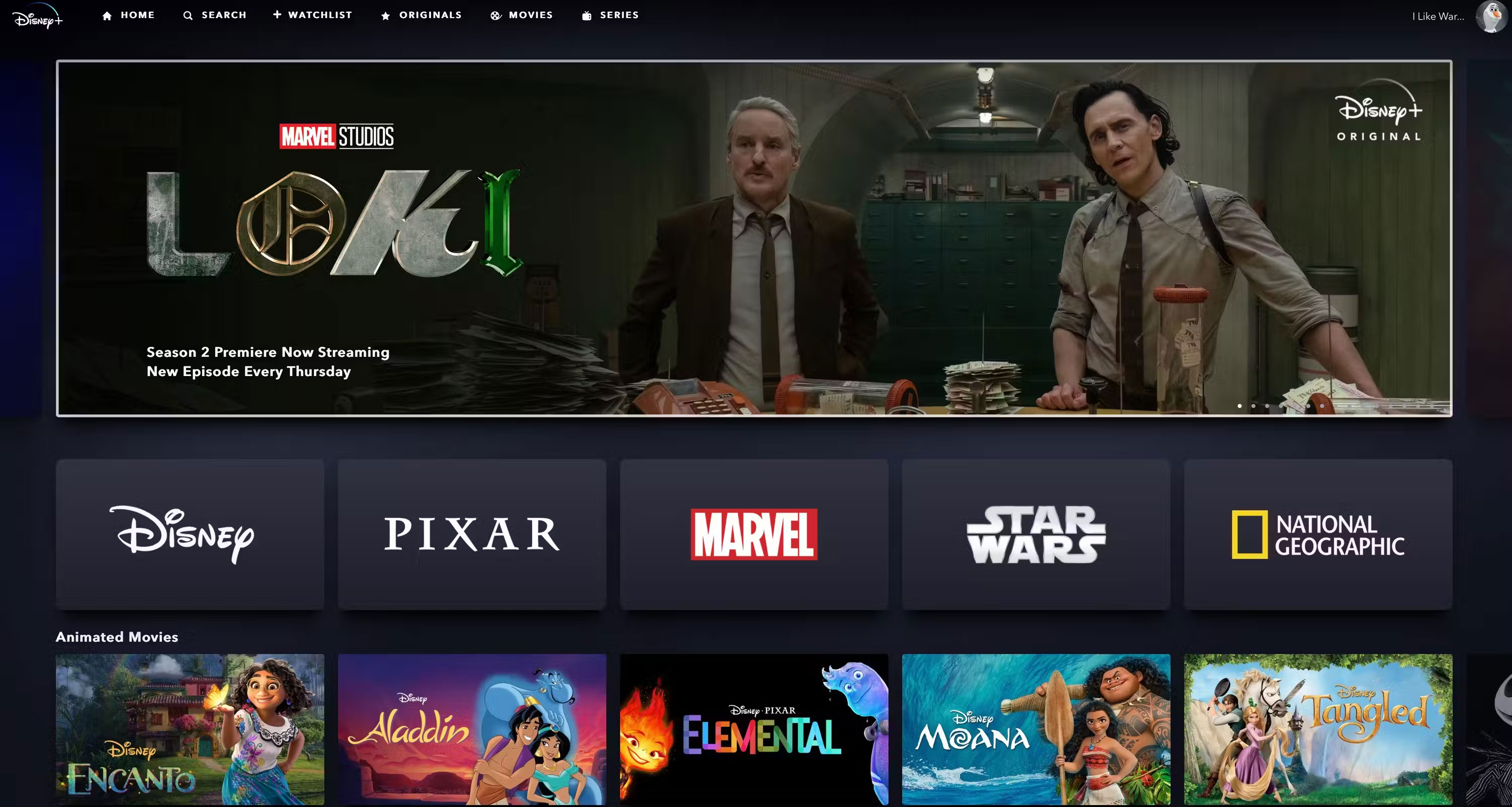 Trang chủ Disney+ Loki với danh sách các bộ phim hoạt hình