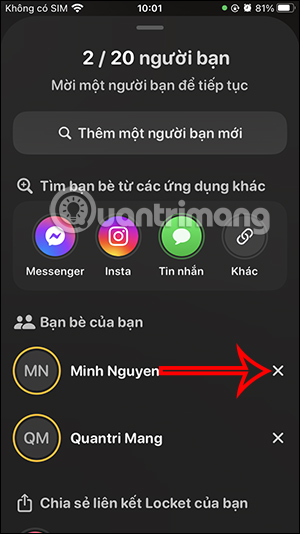 Xóa bạn bè ở trên