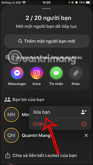 Xóa bạn bè trên Locket