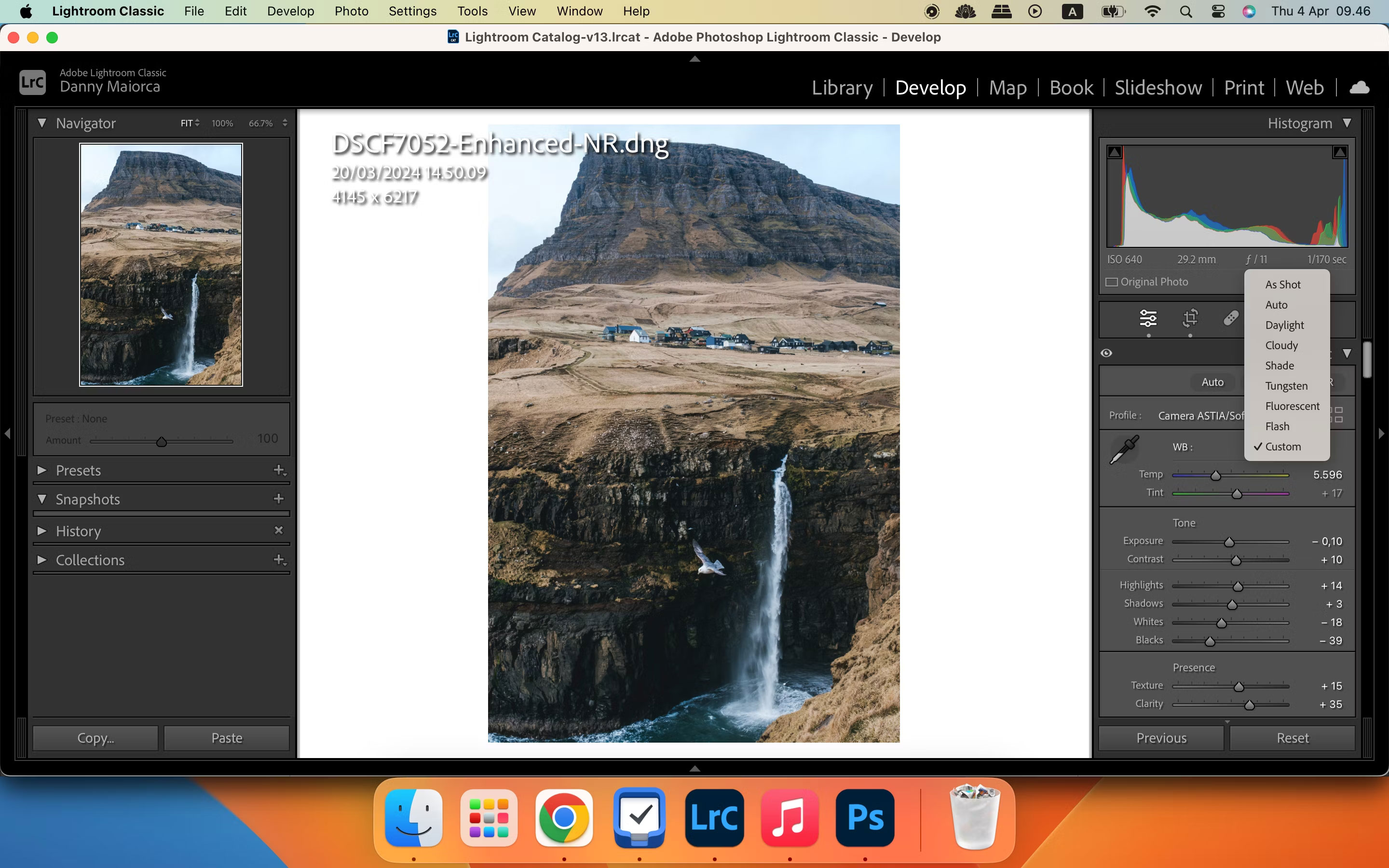 Tính năng Cân bằng trắng tự động trong Adobe Lightroom từ menu drop-down