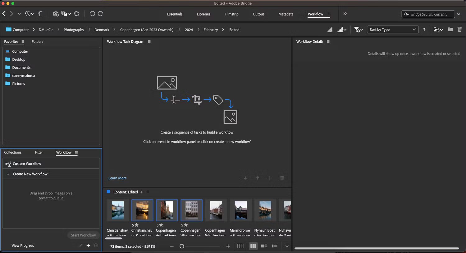 Tab Workflow trong Adobe Bridge