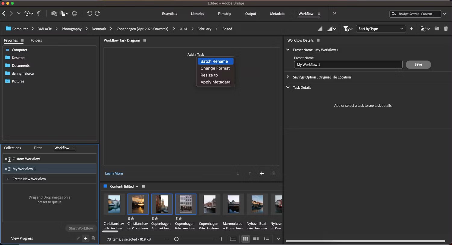 Bắt đầu tạo quy trình làm việc trong Adobe Bridge