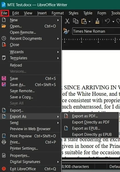 Nhấp vào tùy chọn Export as PDF trong LibreOffice.