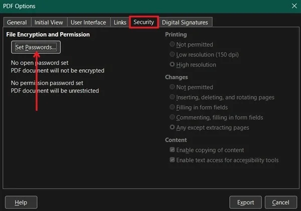 Nhấp vào Set Passwords cho file PDF được chuyển đổi trong LibreOffice.